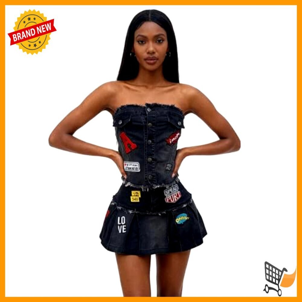 Off Shoulder Denim Top Pleated Mini Skirt Set Sexy Outfit - Picture 4 of 7